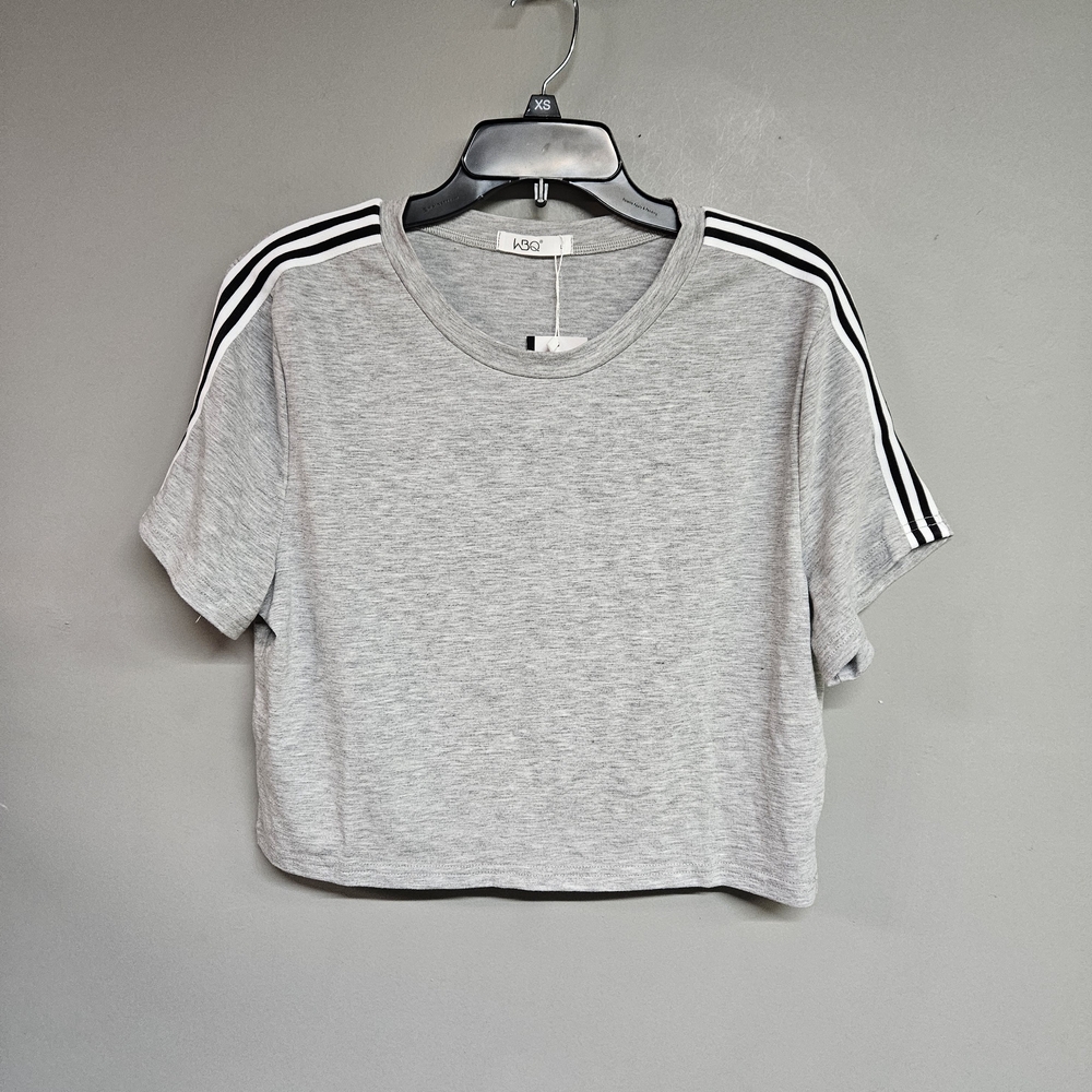 Women's Large Gray Crop Top Short Sleeve Shirt with Black White Striped Accent